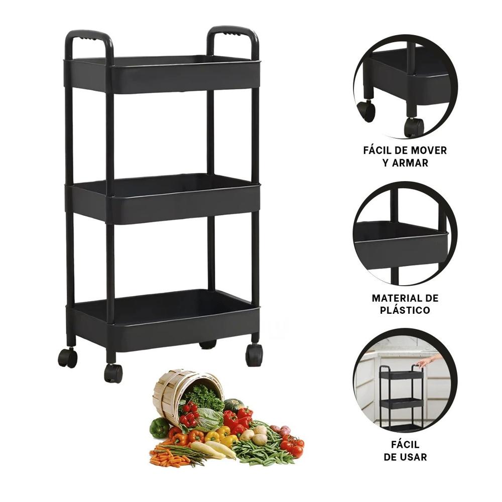 Soporte Funcional 3 Niveles con Ruedas y Asas para Casa Plastico Negro Y+Ligas Regalo