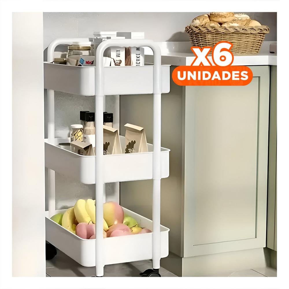 Pack6 Carro de Almacenaje 3 Niveles con Ruedas y Asas en Plastico Blanco Y+Papel Regalo