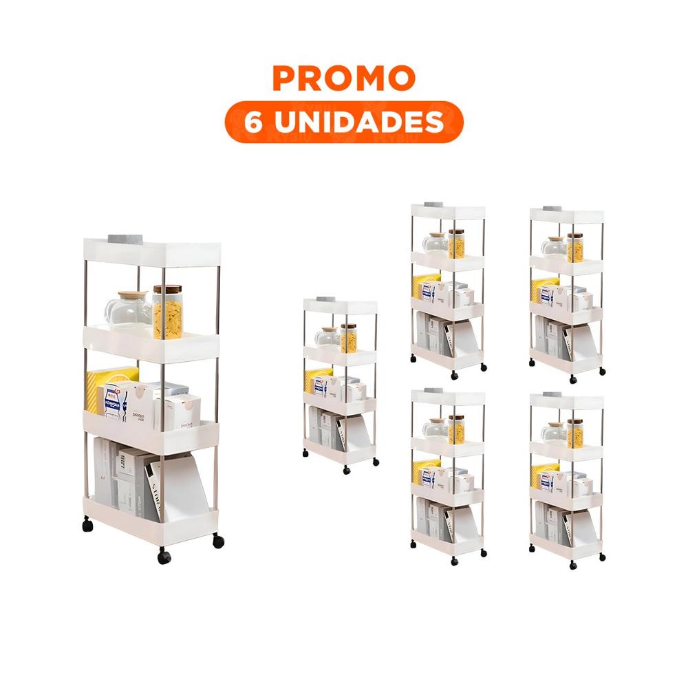 Pack6 Estructura Auxiliar de Cocina 4 Niveles con ruedas Delgado Blanco 90 X 13 X 40 Cm