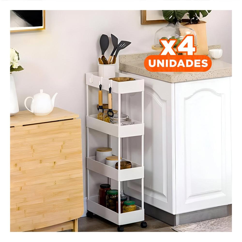 Pack4 Unidad Auxiliar de Cocina 4 Niveles con ruedas Delgado Blanco 90 X 13 X 40 Cm