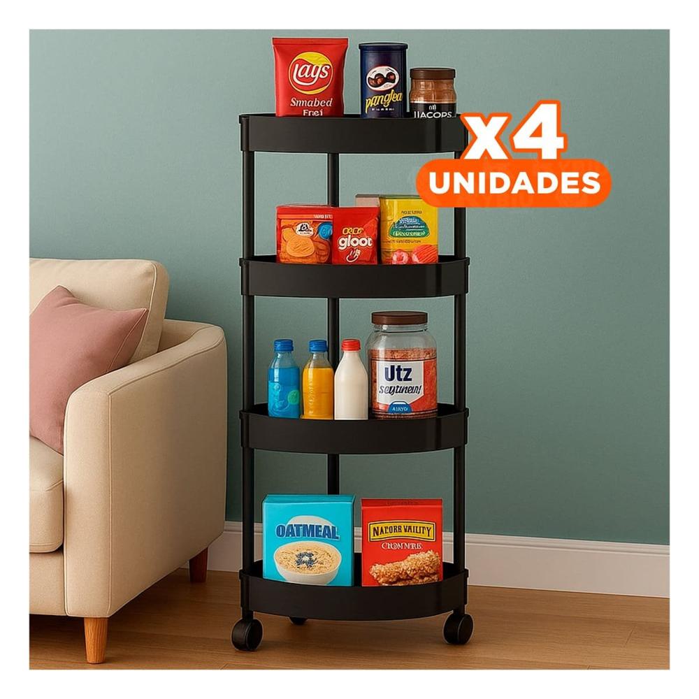 Pack4 Organizador Esquinero De 4 Niveles con Ruedas Negro Almacenaje Comodo