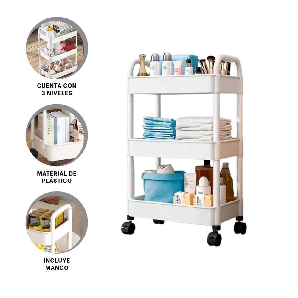Mueble Rodante 3 Niveles con Ruedas y Asas Plastico Blanco para Organizacion Y+Ligas Regalo