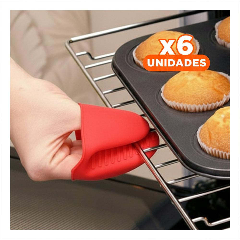 Pack6 Manos Comodos de Silicona Rojo para Tareas de Cocina 7,3x9,5cm Y+Papel Regalo