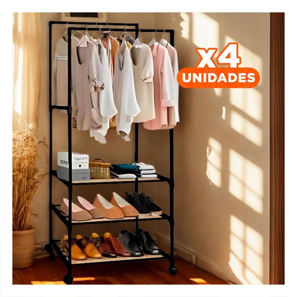 Pack4 Compartimento de Calzado 3 Niveles con Perchera Doble Versatil Negro