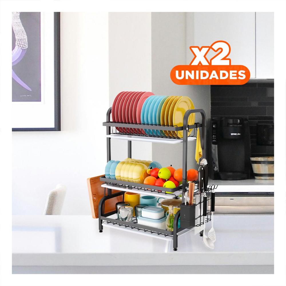 Pack2 Escurridor de Platos con Bandejas y Soporte Utensilios en Color Negro Y+Papel Regalo