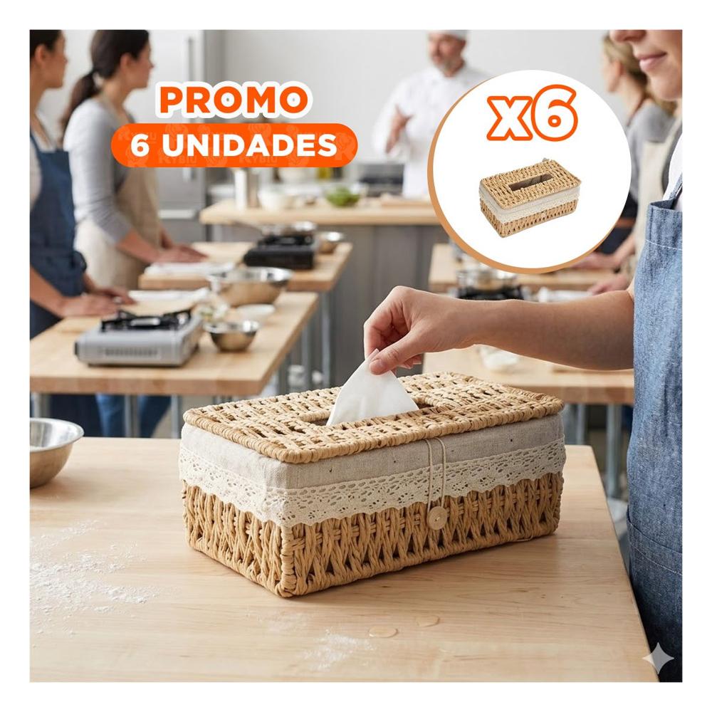 Pack6 Soporte Servilletas Canasta Tejida Beige Forro Tela 20x14x9cm Y+Papel Regalo
