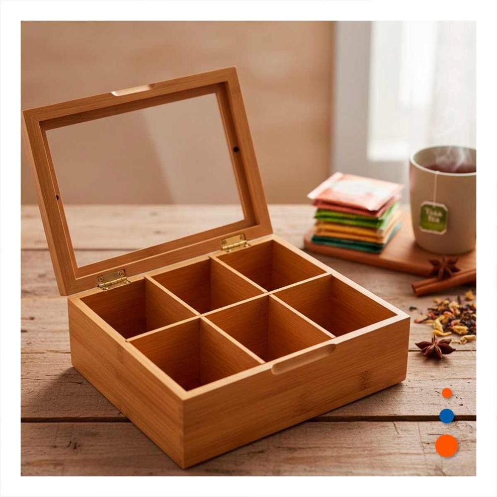 Estuche de Bambu con Tapa de Vidrio y 6 Divisiones para Uso Diario en Hogar Y+Regalo Sticker