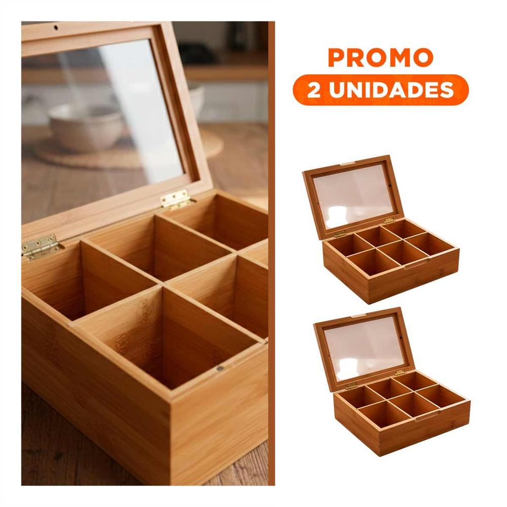 Pack2 Recurso de Bambu con Tapa de Vidrio y 6 Divisiones para Guardado