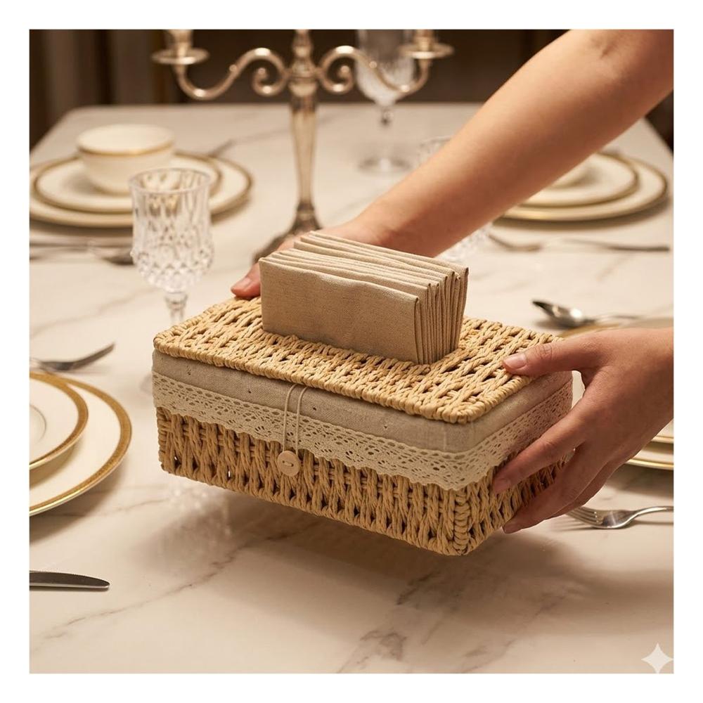 Porta Servilletas Tejido con Forro Interior Tela Beige 20x14x9cm Y+Post It