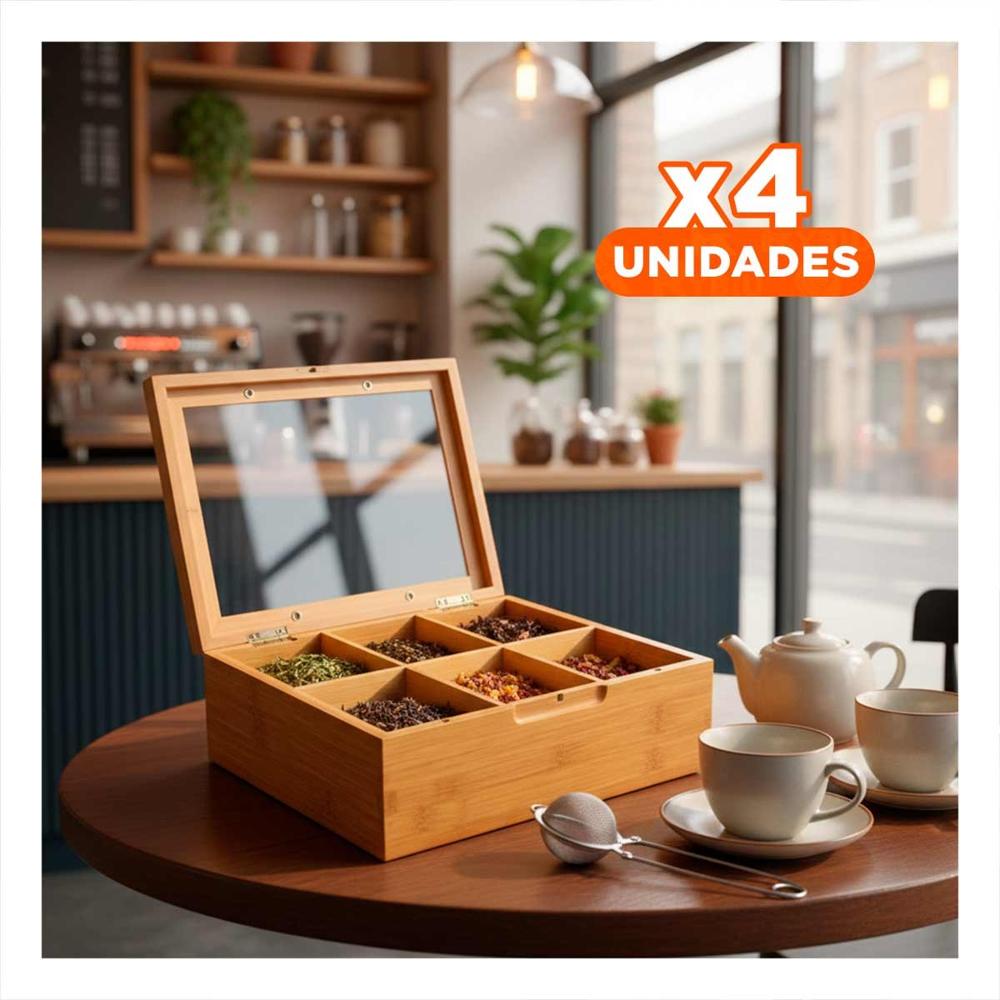 Pack4 Estructura de Bambu con Tapa de Vidrio y 6 Divisiones para Accesorios Y+Papel Regalo