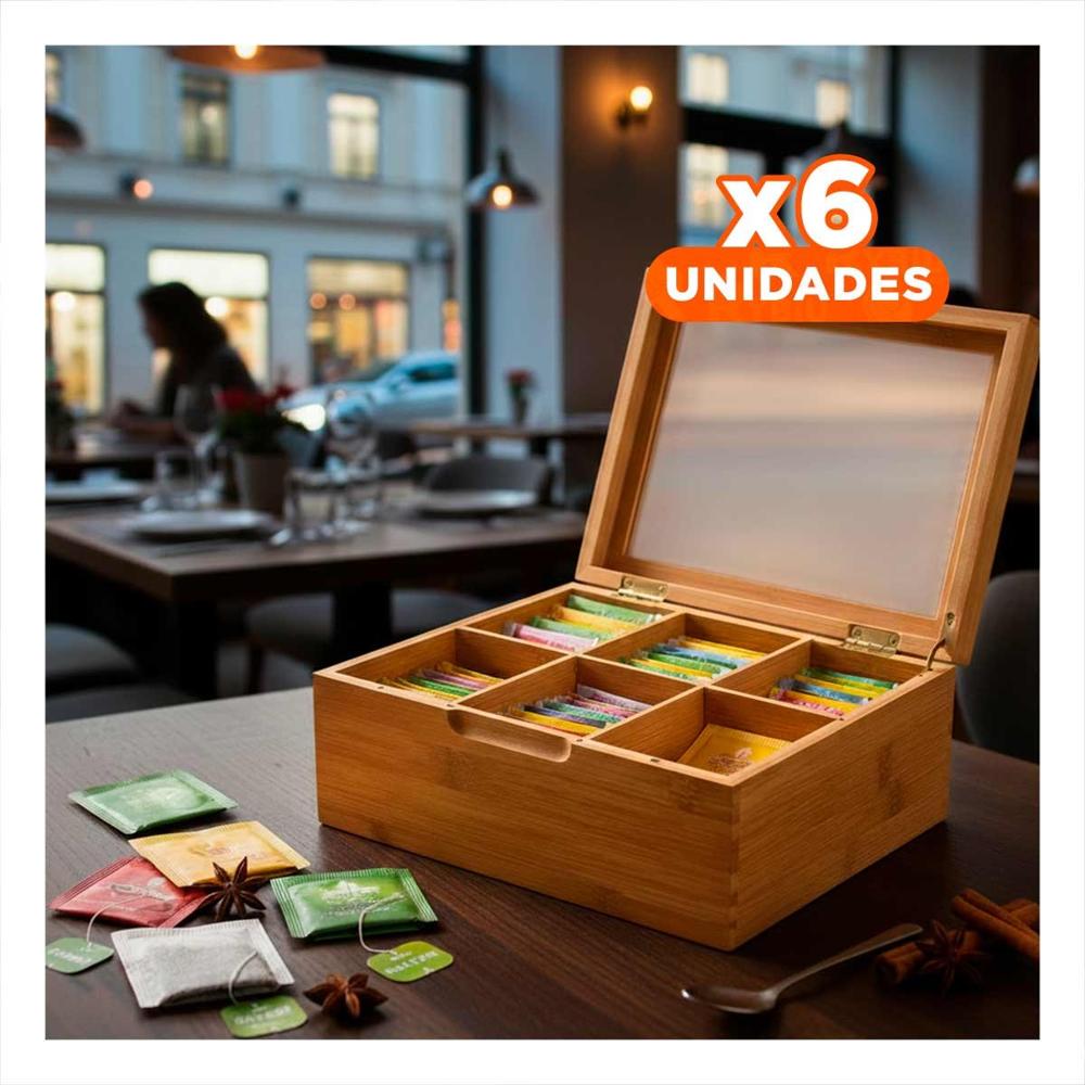 Pack6 Centro de Bambu con Tapa de Vidrio y 6 Divisiones para Guardar Y+Regalo Sticker