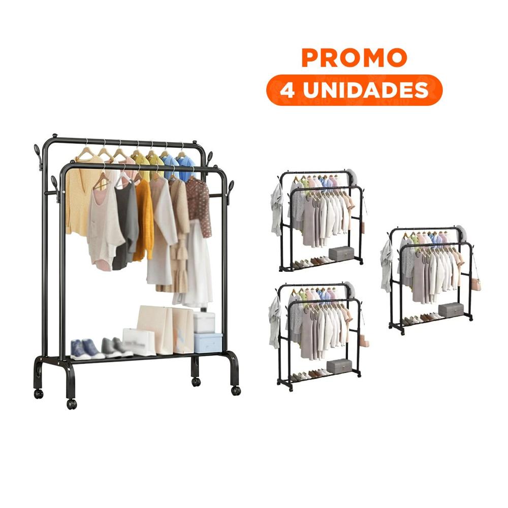 Pack4 Sistema Estante Perchero Doble con 1 Nivel Inferior Negro Funcional Y+Regalo Sticker