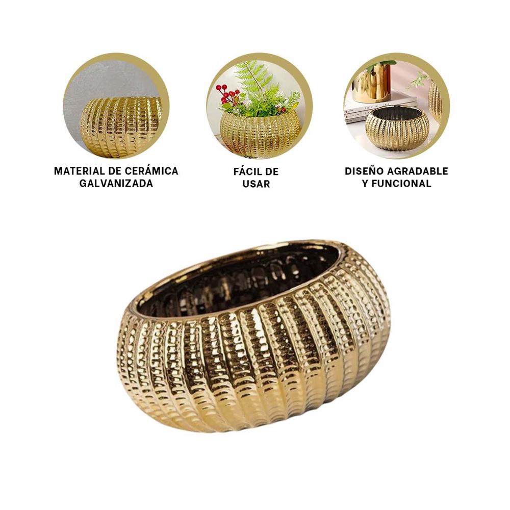 Decorativo Cuenco Ceramica Dorado Acanalado Para Mesa Y Planta Y+Ligas Regalo