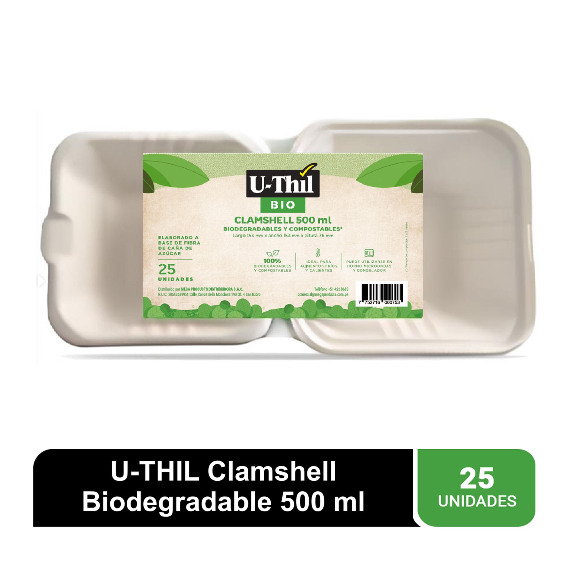 Envase U-THIL Kraff Clamshell 500ml 25un 85x152x31mm