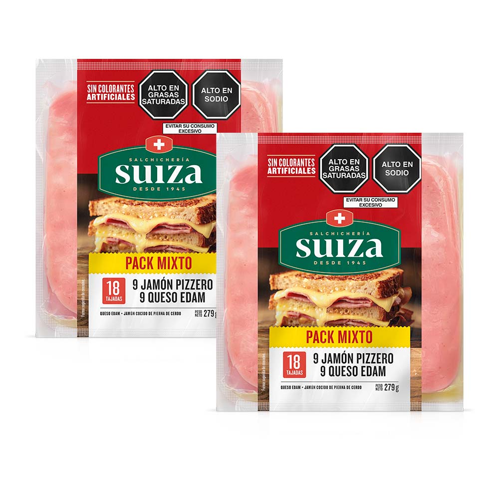 Pack Mixto Jamón Pizzero S. SUIZA + Queso Edam Paquete 279g x 2un