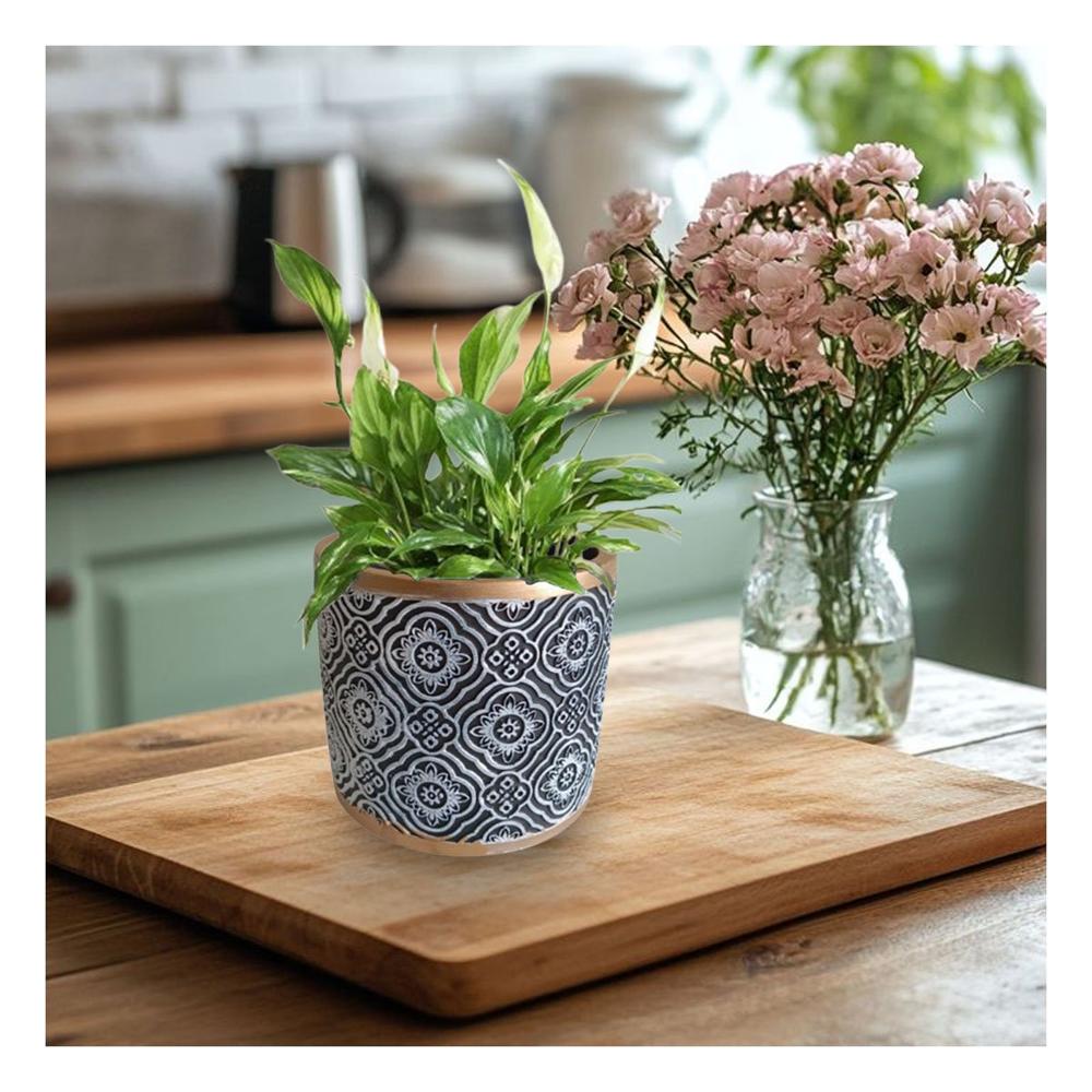 Recipiente Decorativo Cemento 11x10.5cm Negro Blanco y Dorado Mandala Y+Post It