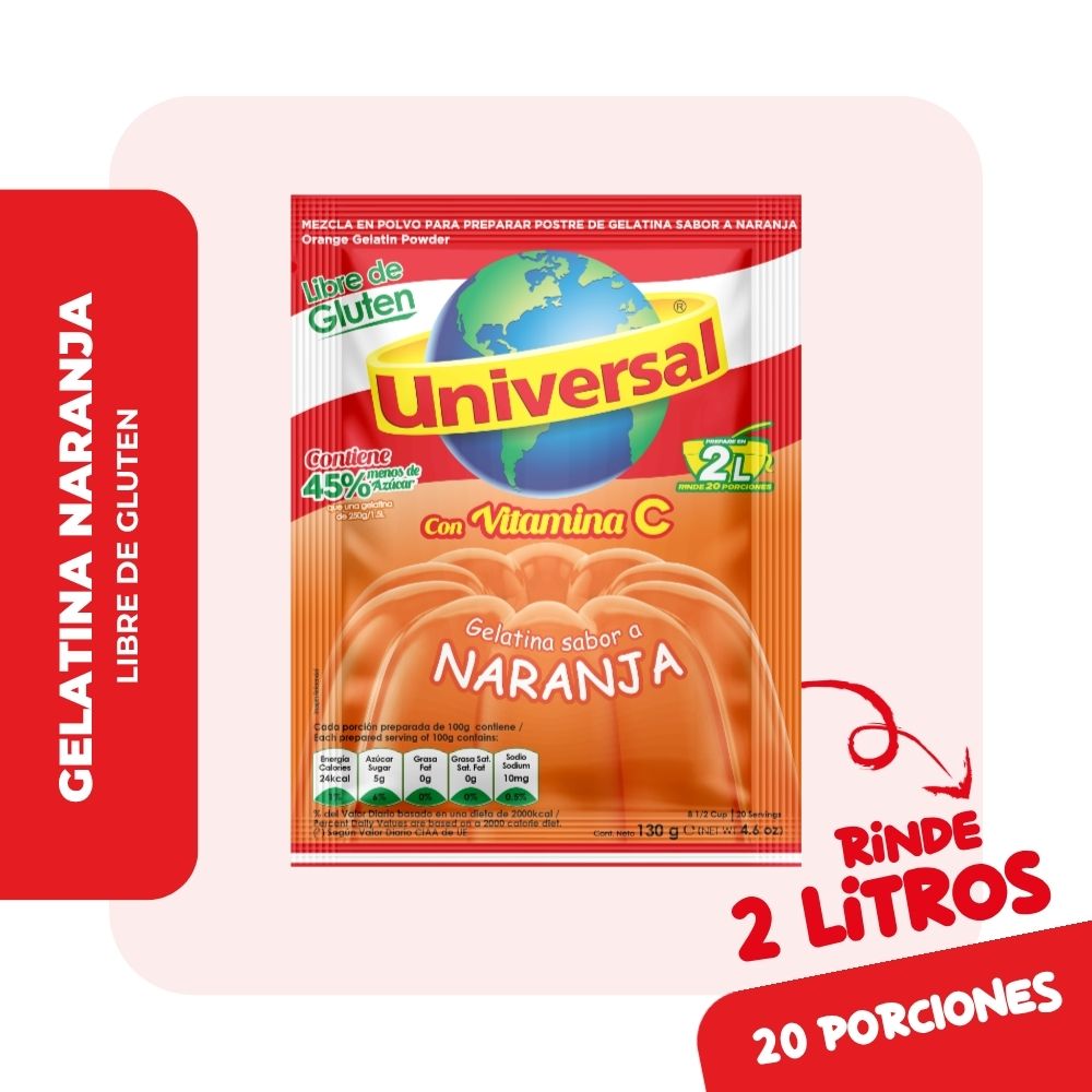 Gelatina UNIVERSAL Sabor a Naranja Bolsa 130g