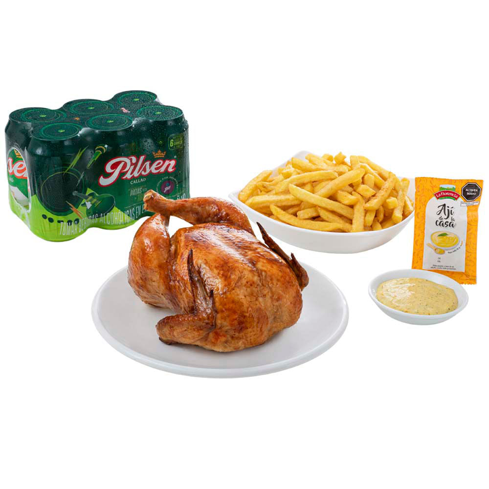 Combo Pollo Rostizado + Papas Fritas + PILSEN Six Pack 355ml