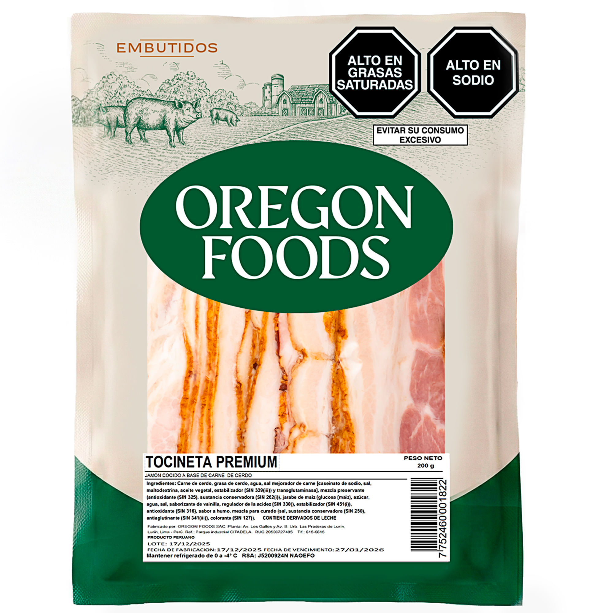 Tocineta Premium OREGON FOODS Paquete 200g