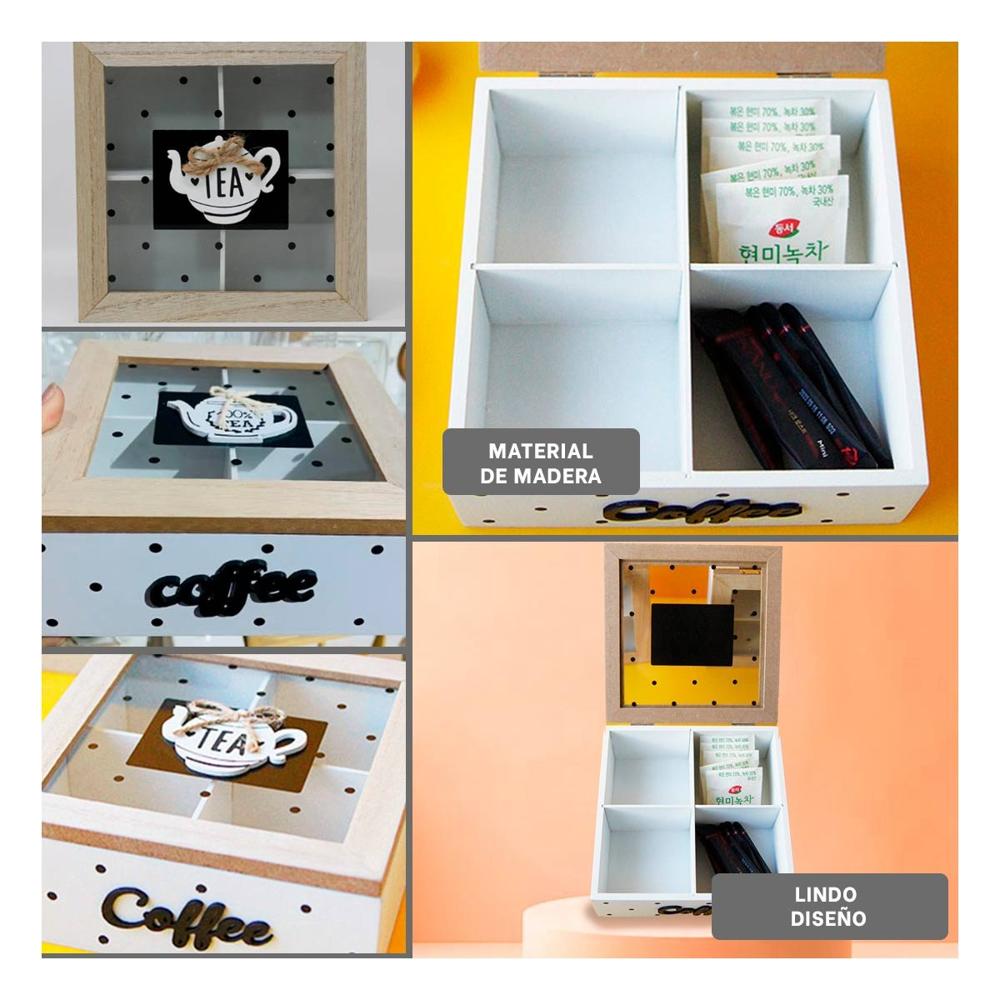 Estuche de Madera con Divisiones para Te y Cafe Blanco Decoracion Hogar Casa
