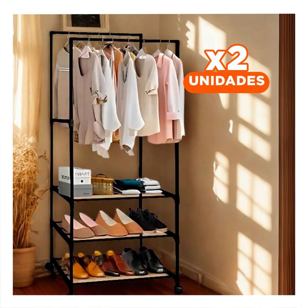 Pack2 Rack Organizador 3 Niveles con Perchera Doble Practico y Compacto Negro Y+Regalo Sticker