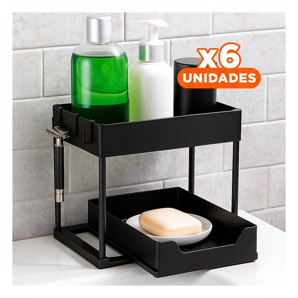 Pack6 Mueble 2 Niveles con Cajon Inferior Deslizable Negro para Cocina Y+Regalo Sticker