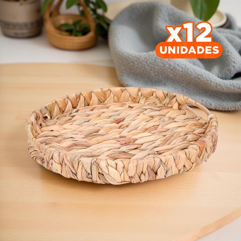 Pack12 Recipiente tejida circular con asas Grass 36x5cm mostaza para decorar sala y cocina