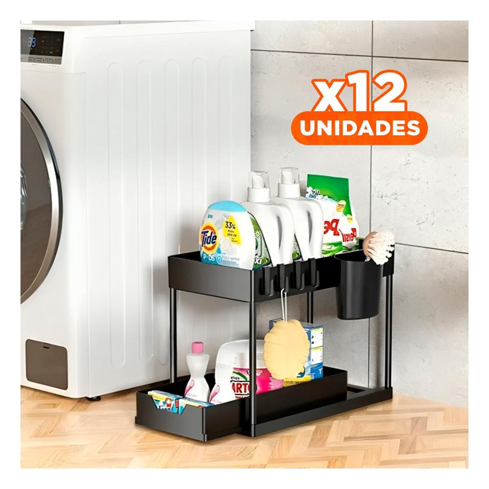 Pack12 Soporte 2 Niveles con Cajon Inferior Deslizable Negro para Hogar Y+Papel Regalo