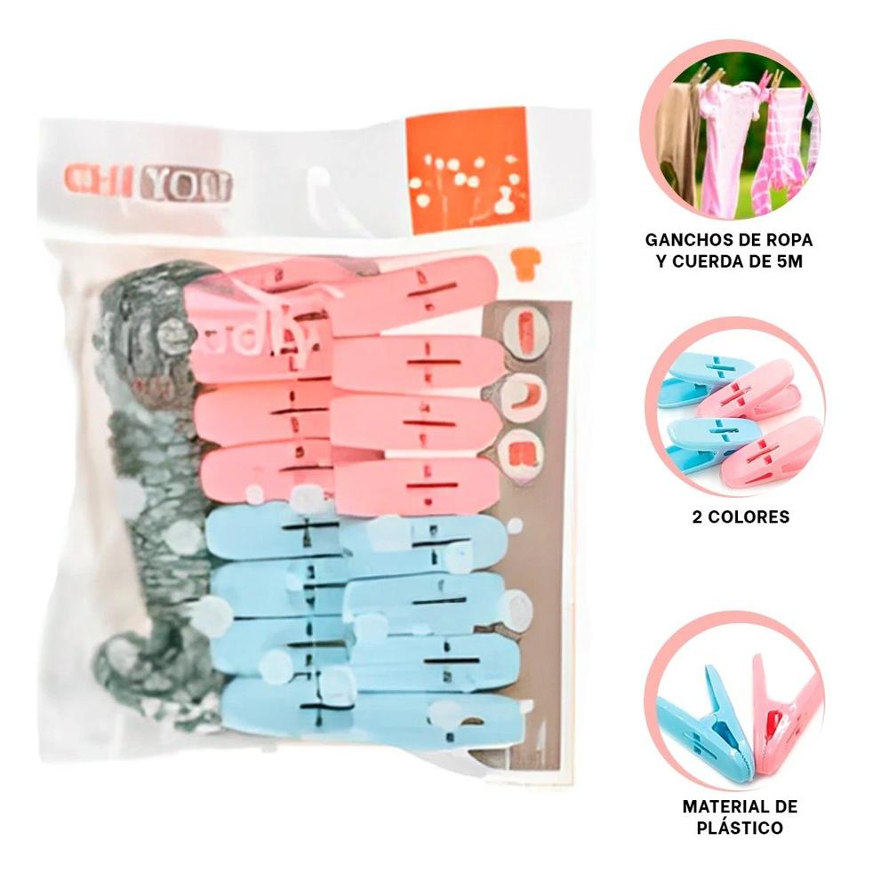 Sujetadores de Ropa Curvos de Plastico Multicolor con Cuerda de Secado Y+Ligas Regalo