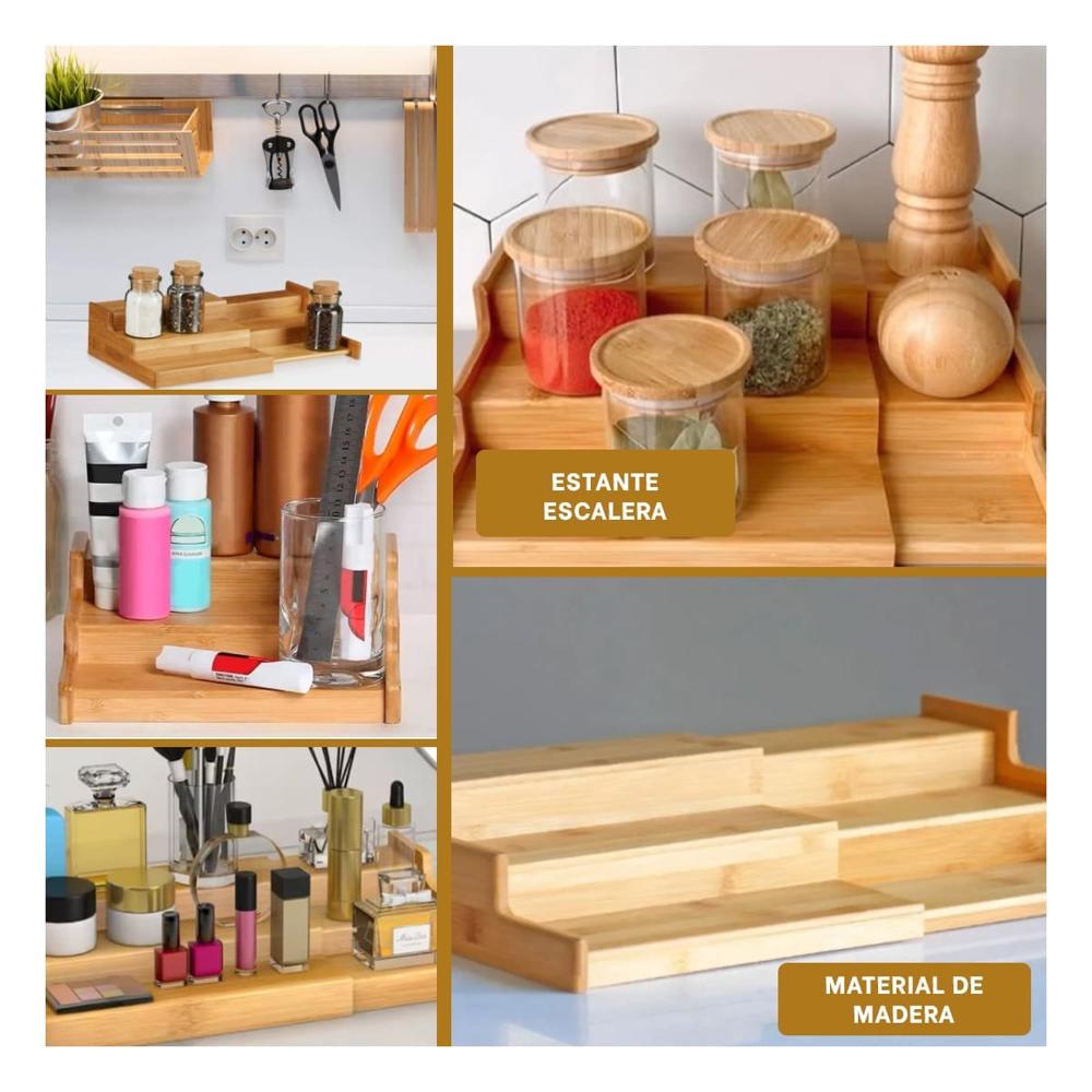 Modulo escalera de madera con tres niveles extendible para organizacion en hogar