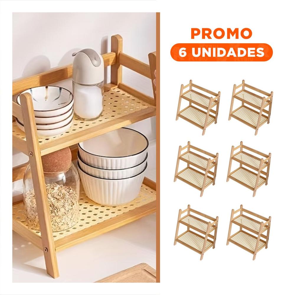 Pack6 Mueble 2 Niveles de Bambu Beige Estante Cocina Multiuso