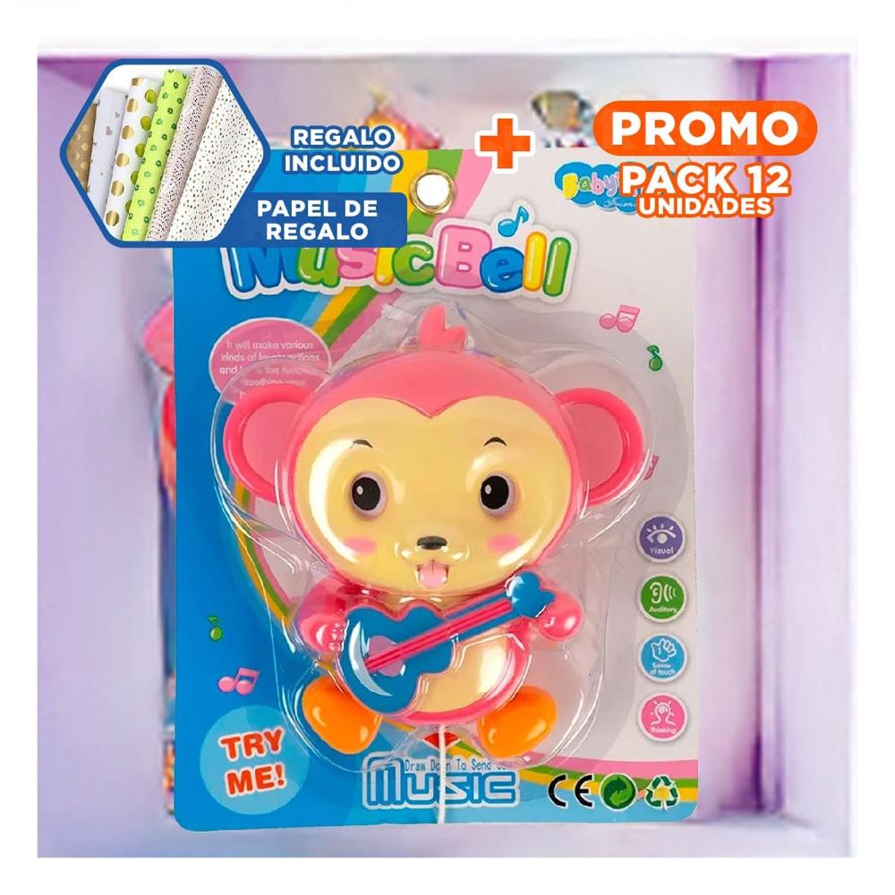Pack12 Juguete Musical Mono a Cuerda Rosado para Decoracion en Casa Y+Papel Regalo