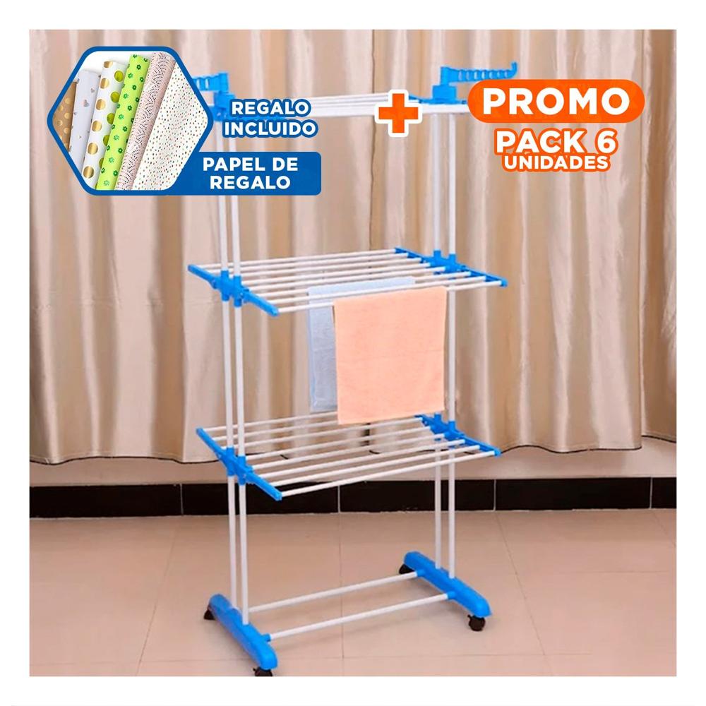 Pack6 Base Domestica para Colgar y Secar Prendas con Uso Diario en Celeste Y+Papel Regalo