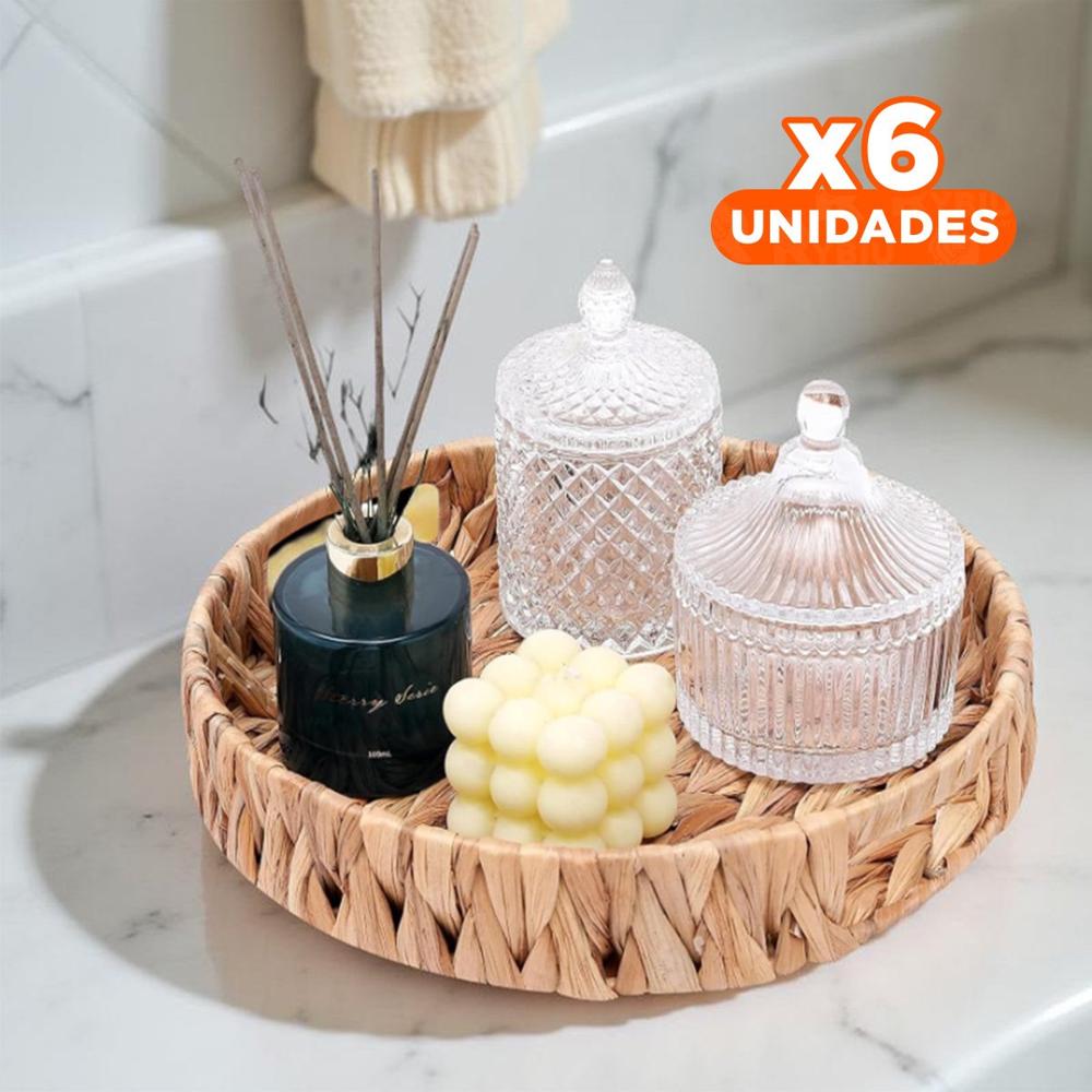 Pack6 Caja tejida circular con asas Grass 32x4cm mostaza para organizar Y+Regalo Sticker