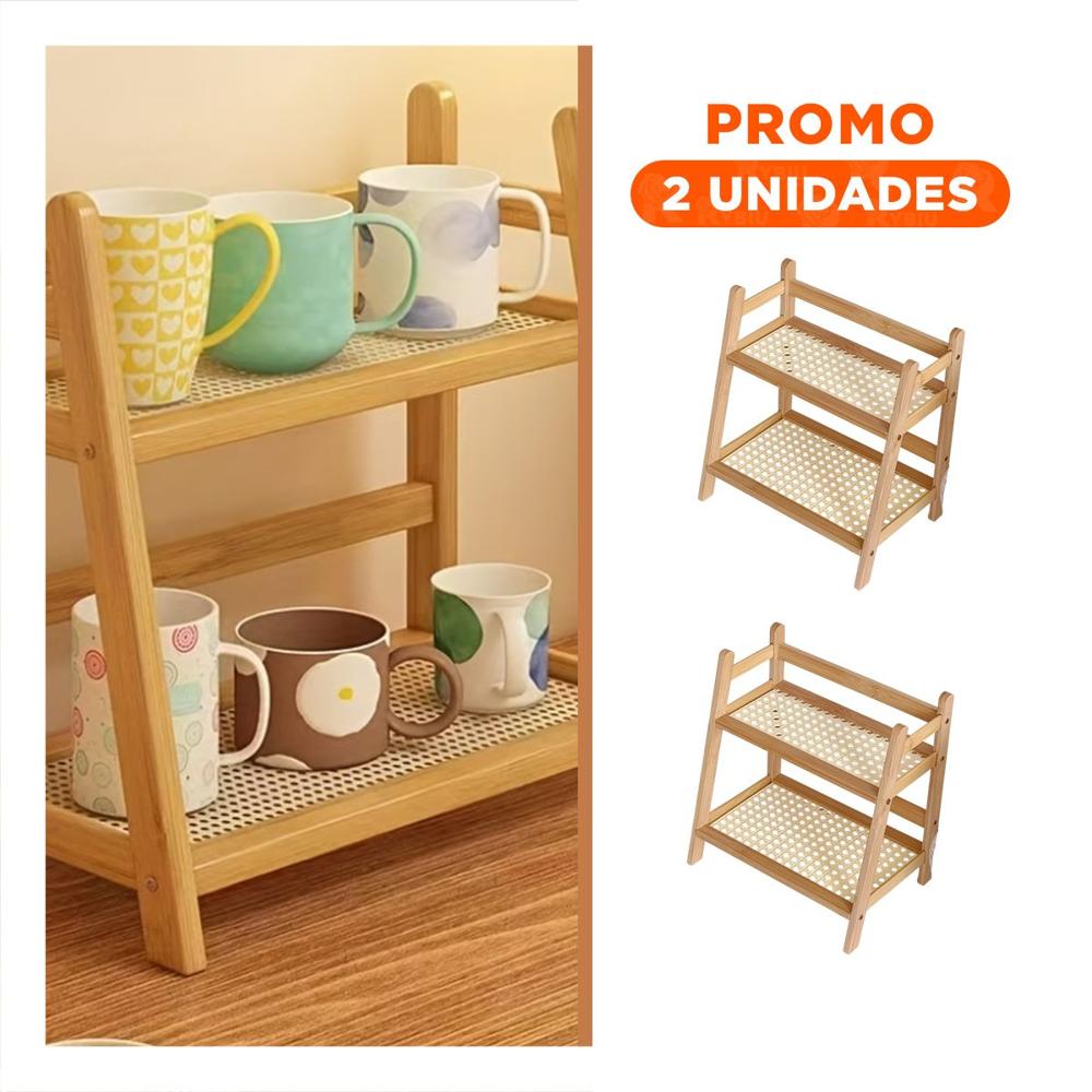 Pack2 Organizador de Bambu Beige 2 Niveles Estante para Cocina