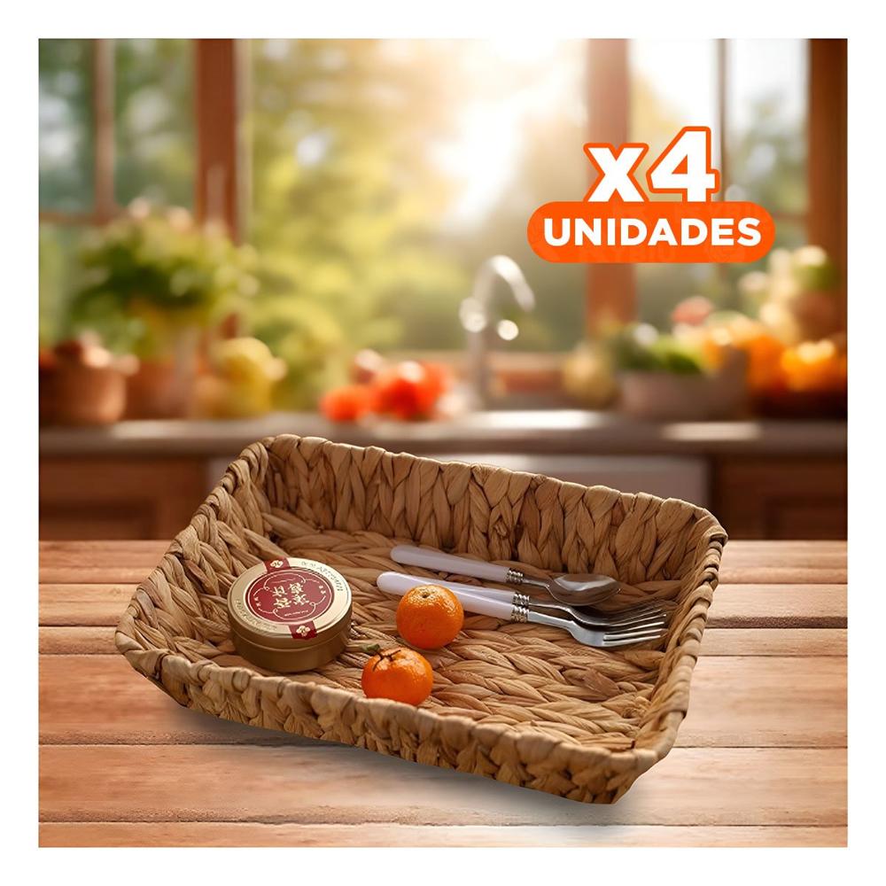 Pack4 Contenedor Tejido Rectangular Grass 36x28x6cm Mostaza Para Organizar Y Guardar Cosas