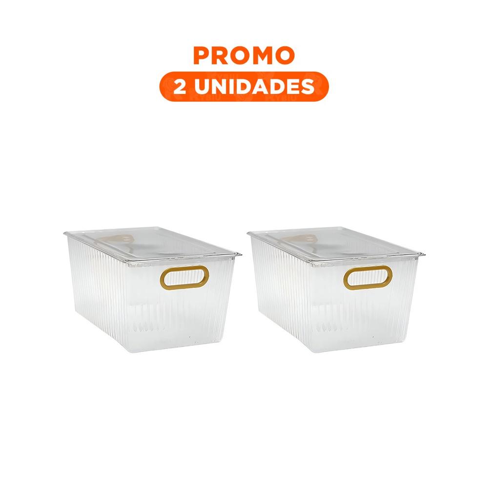 Pack2 Organizador Transparente de Acrilico Rectangular con Tapa y Asas Doradas Para Mesa