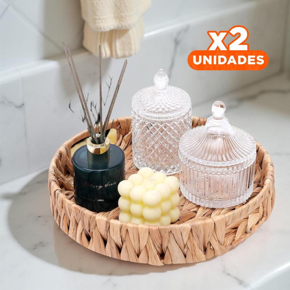 Pack2 Contenedor tejida circular con asas Grass 32x4cm mostaza para orden Y+Regalo Sticker