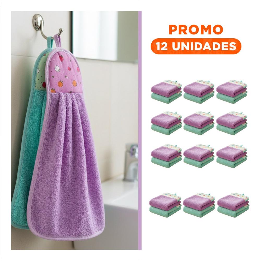 Pack12 Coleccion 2 Toallas de Mano Morado y Verde Agua Colgador Suave 28x38cm Y+Regalo Sticker