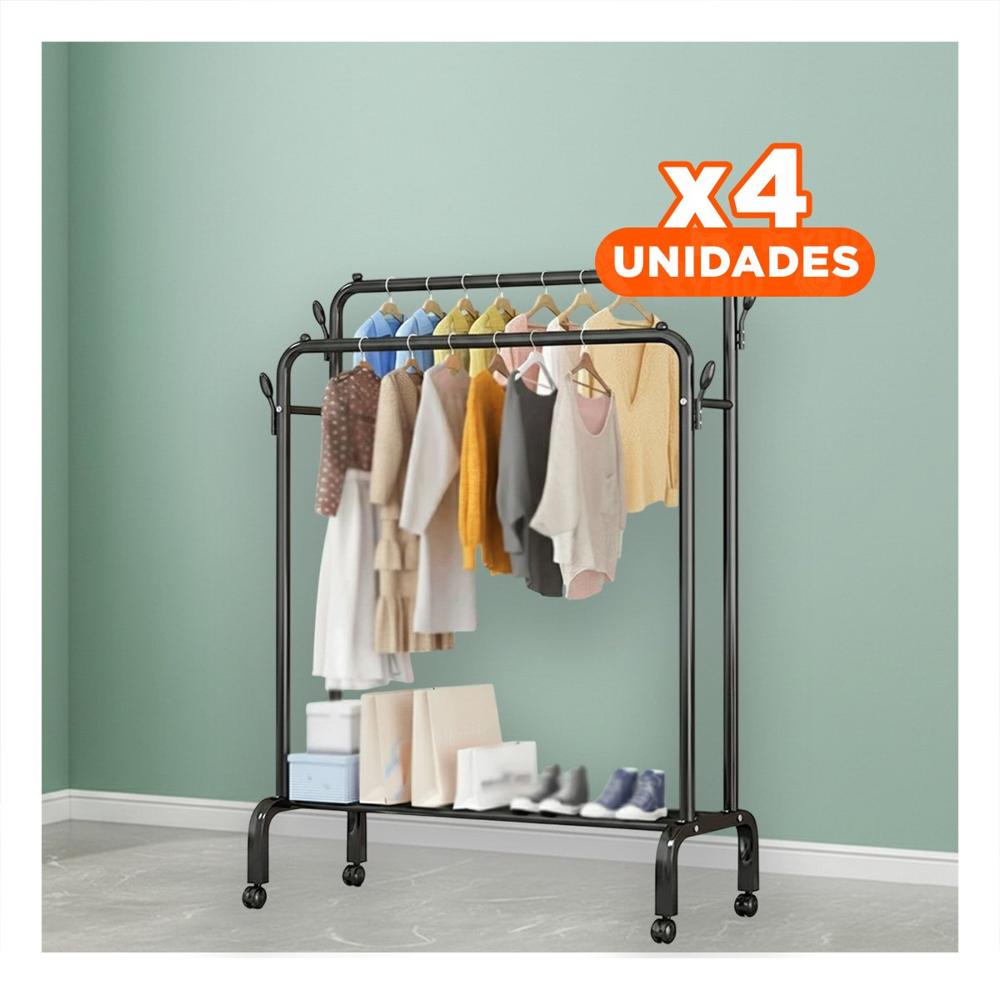 Pack4 Modulo Estante Perchero Doble con 1 Nivel Inferior Negro Soporte Firme