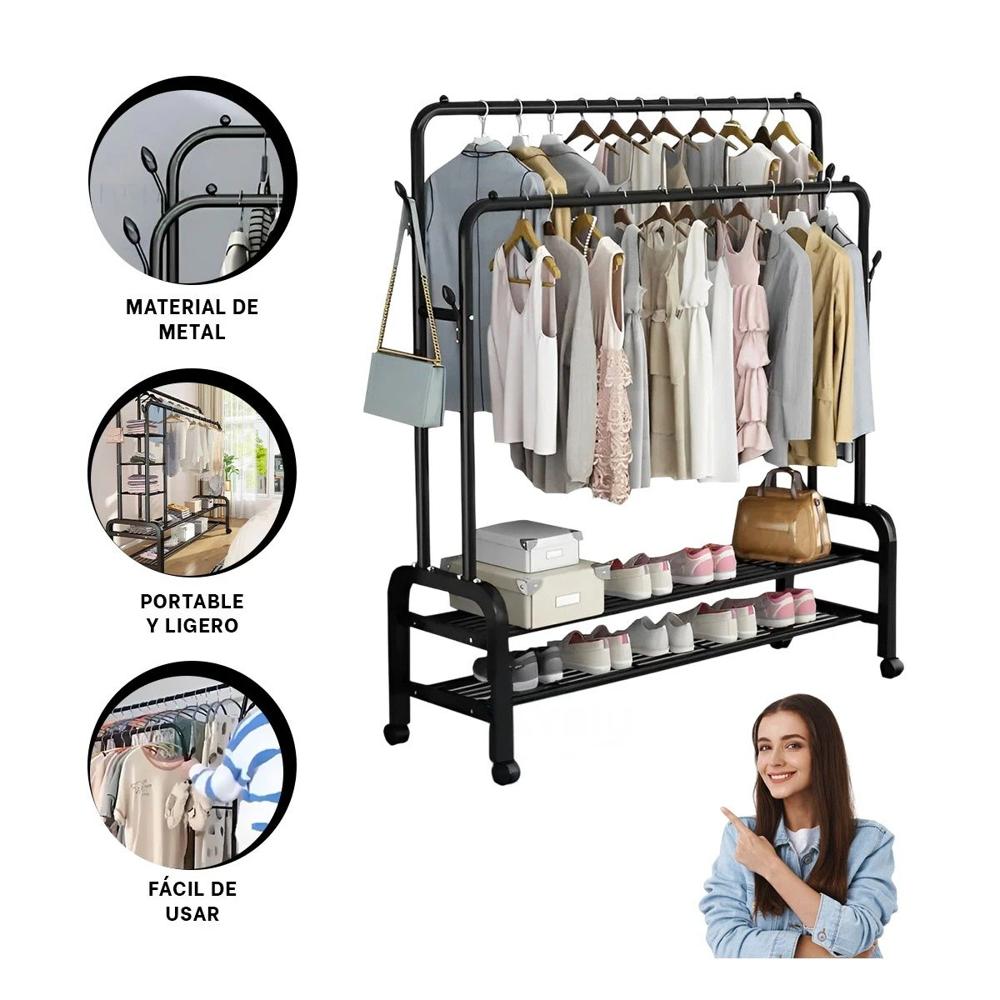 Mueble Moderno con Colgador Doble y Ruedas Negro para Bano Y+Ligas Regalo