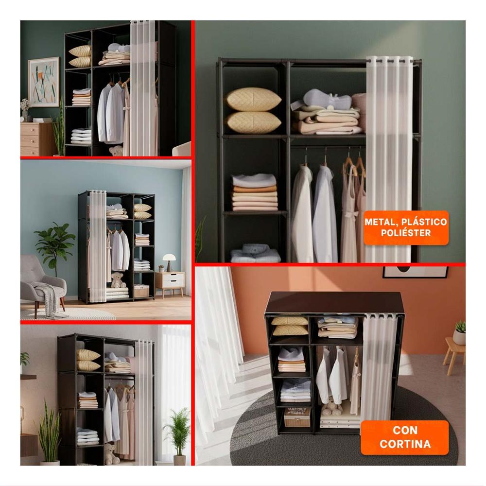 Closet Moderno de Ropa con Cortina Negro Abierto para Organizar Cuartos