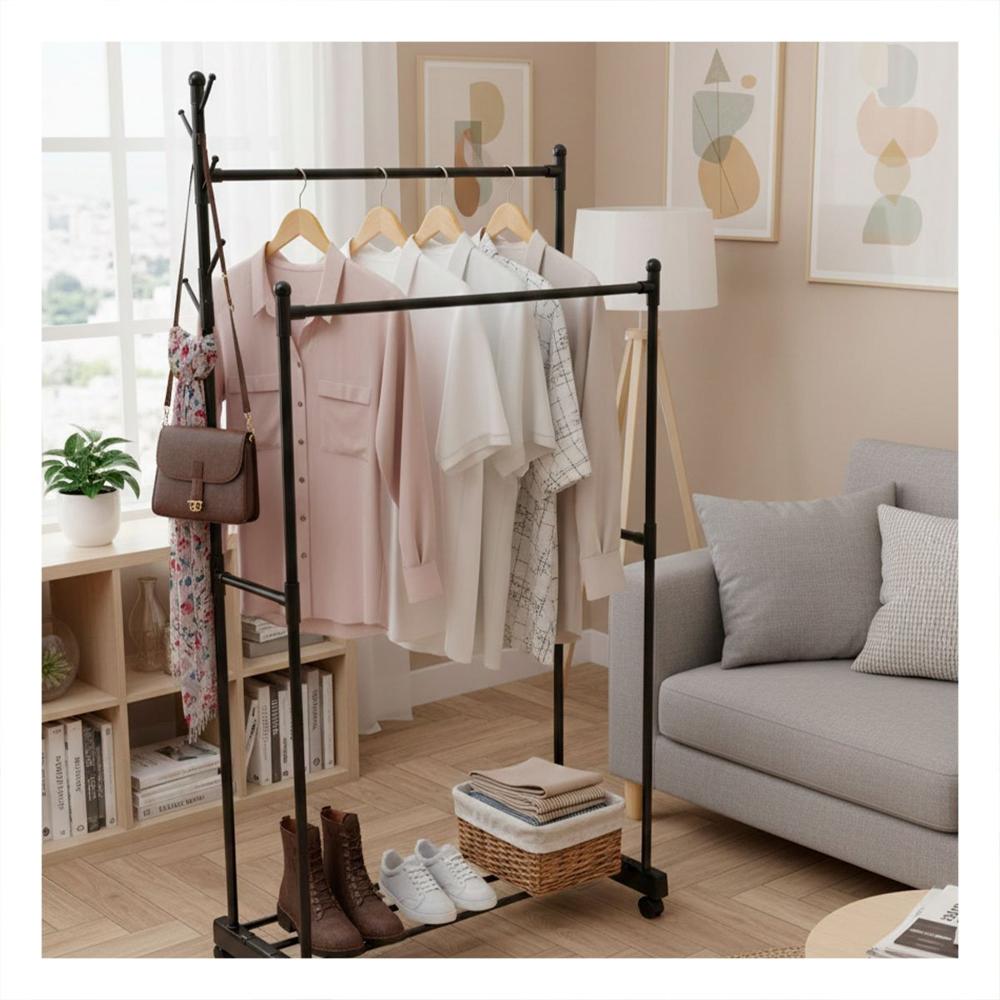 Soporte Negro Doble De Ropa para Dormitorio y Sala Y+Regalo Sticker