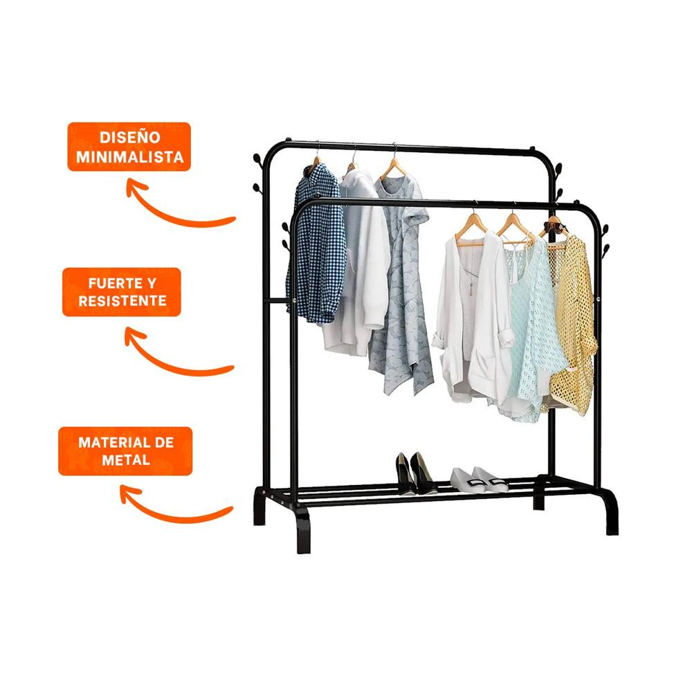 Perchero Estante Colgador Doble con 1 Nivel Inferior Negro Soporte Firme Y+Ligas Regalo