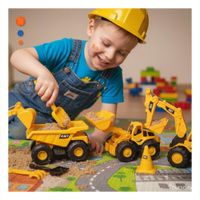 Kit Infantil con Casco y 3 Carros de Construccion para Juego Creativo en color Amarillo