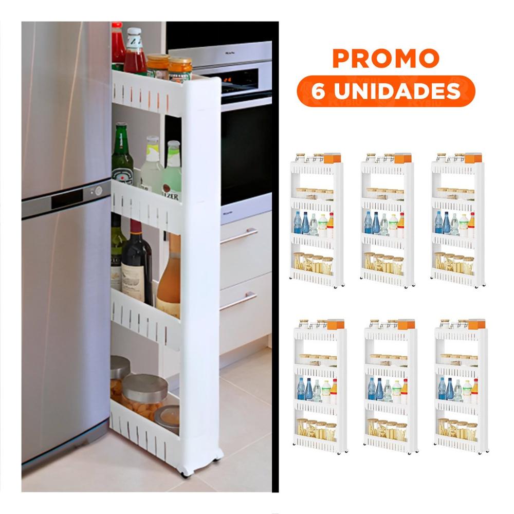 Pack6 Contenedor Lateral Delgado De 4 Niveles con Ranuras Blanco Plastico