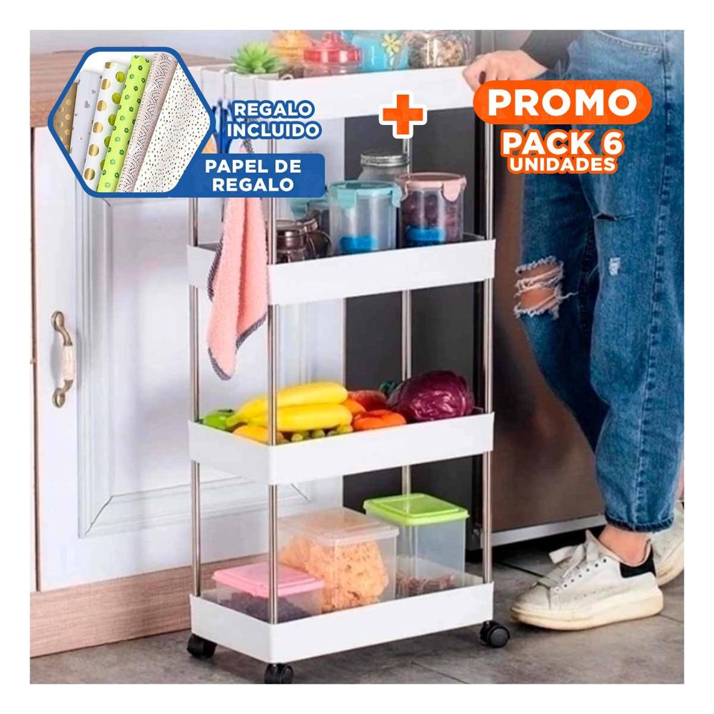 Pack6 Gabinete Lateral De 4 Niveles con 4 Ruedas Blanco Plastico Firme Y+Papel Regalo