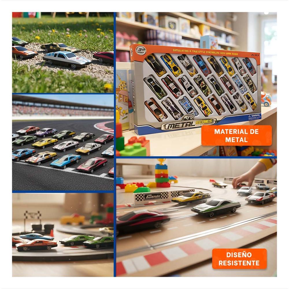 Serie 24 Carritos de Metal para Simular Carreras y Escenas Cotidianas Y+Post It