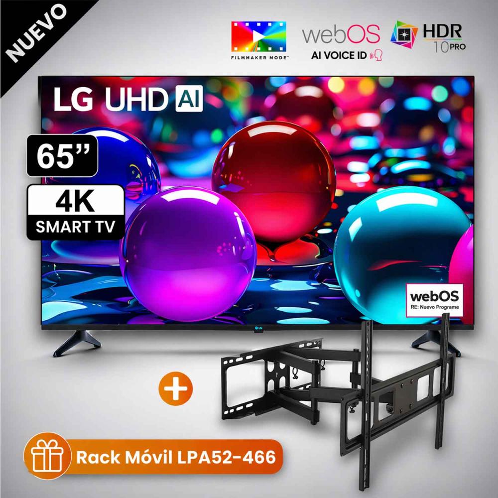 Televisor Lg 65 Pulg Ultra HD 4K AI ThinQ 65UA7300PSB Modelo 2025 Con Rack Móvil