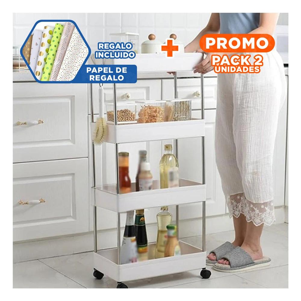 Pack2 Carrito Lateral De 4 Niveles con 4 Ruedas Blanco Plastico Multiuso Y+Papel Regalo